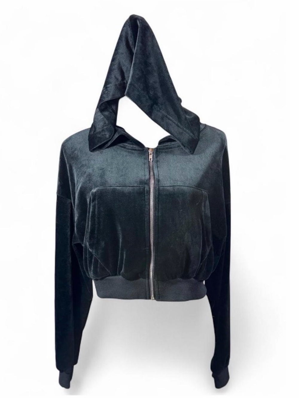 Black Velvet Cropped Zip-Up Hoodie Size Medium SHEIN
